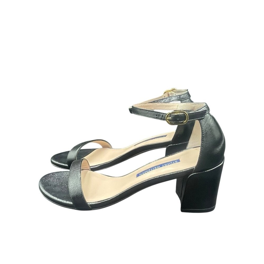 Stuart Weitzman 75 LessNudist Sandals 6.5 Black Leather Ankle Strap Block Heel - Picture 3 of 7